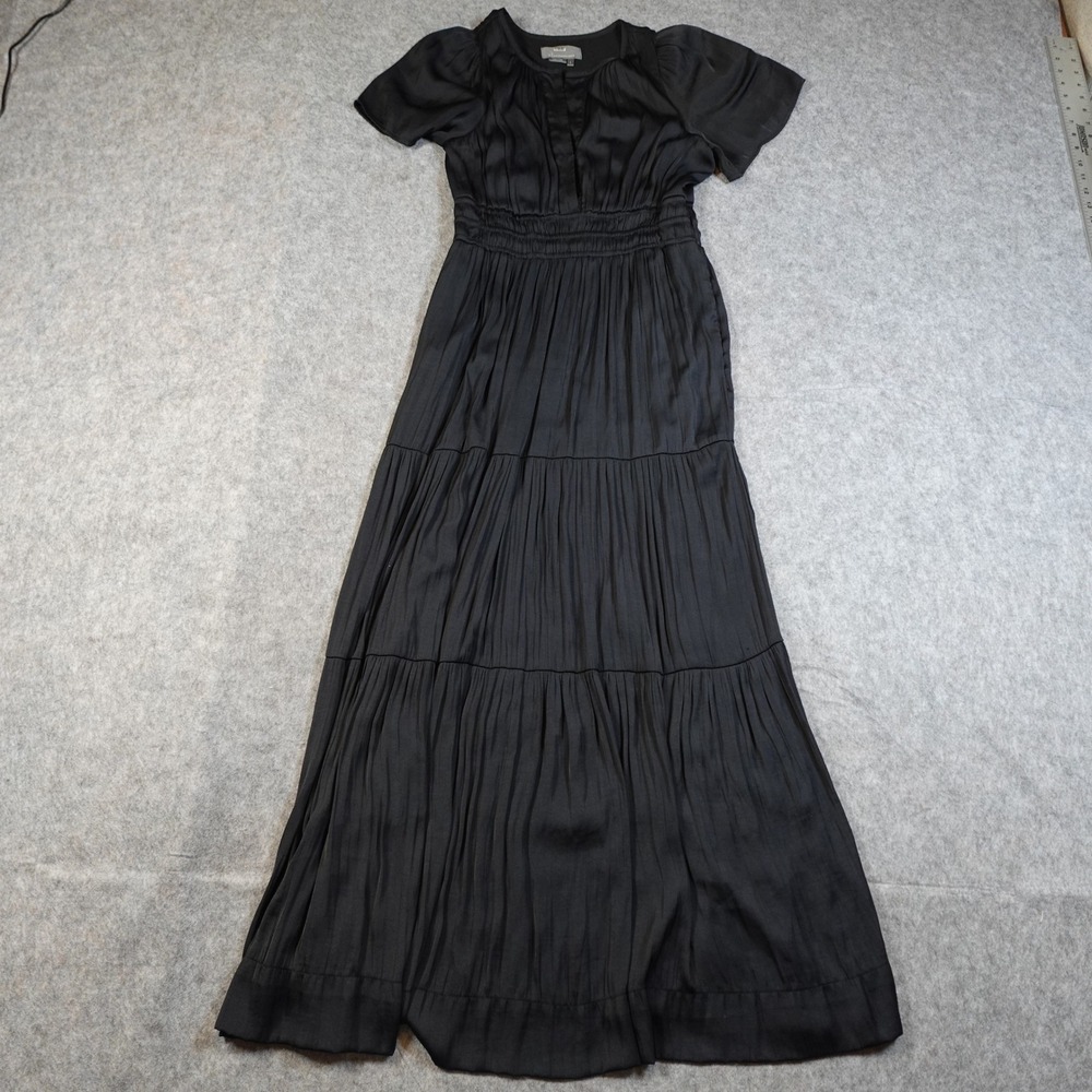 Anthropologie Dress Womens Small Satin Somerset Maxi Tiered Black Flutter Sleeve - Picture 2 of 10